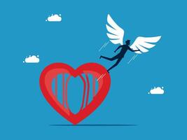 a man with wings flying over a heart vector