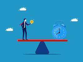 a businessman balancing on scales with clock and money vector
