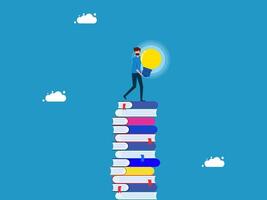 men standing on top of a stack of books with a light bulb in the middle vector