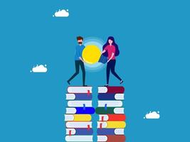 two people standing on top of books with a globe vector