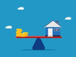 house and gold coins on a scale with blue sky background vector