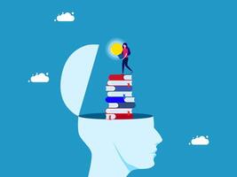 women standing on top of a stack of books with a light bulb in the middle vector
