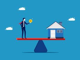 man balancing on scales with house and coin vector