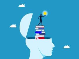 person standing on top of a stack of books with a light bulb above it vector