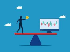 man balancing on a balance scale with a coin and a computer screen vector