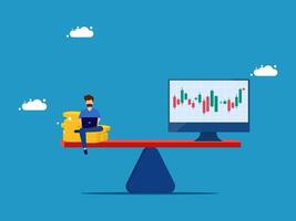 man sitting on a balance with money and a computer screen vector