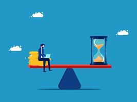 man sitting on top of hourglass with money and laptop vector