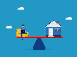 man sitting on a balance with house and money vector