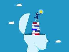 businesswomen standing on top of a stack of books with a light bulb above it vector