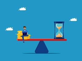 time management concept with businessman sitting on the scales with hourglass and money vector