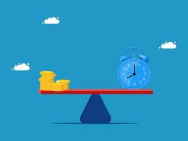 time and money concept with alarm clock and coins on a balance scale vector
