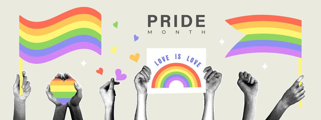 Fashionable halftone collage. Vertical collage on pride month theme against violence, human rights violation. Hands with halftone effect holding banner, heart,rainbow and transgender flag posters