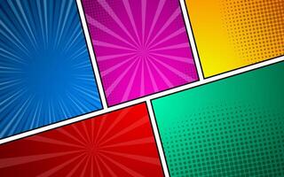 Comic book page template colorful frame divided lines with radial, halftone and dots effect in pop art style. vector