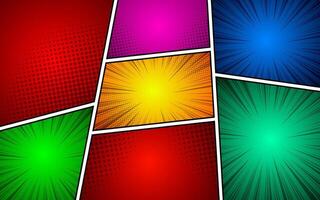 Comic book page template colorful frame divided lines with radial, halftone and dots effect in pop art style. vector