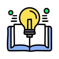 Open book with lightbulb illustration, filled line design icon vector