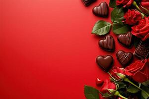 Valentine's Day red rose flowers and heart shaped chocolates on a red background. Flat lay. Copy space. Valentine's Day background photo