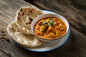 Flatbreads and curry bowl create comforting, rustic meal on wooden table photo