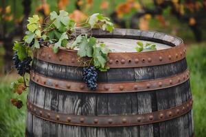 Barrel with grapevine leaves in a rustic outdoor setting exudes charm photo