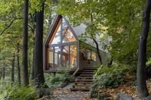 Modern A frame cabin in forest, large windows showcase natural light and foliage photo