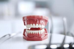 Dental model on clean surface, precise teeth arrangement in clinical setting photo