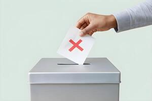 Hand inserts red X ballot into box, light background emphasizes clarity in voting photo