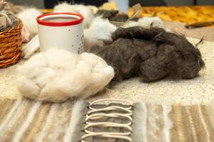 Handcrafted wool and tools on textile surface in cozy workshop photo