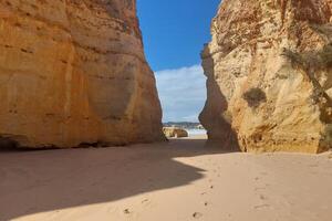 Serene Beach View Between Towering Cliffs Under Blue Sky photo