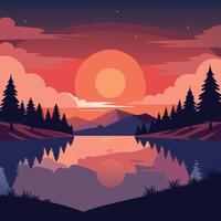 a sunset scene with trees and a lake vector