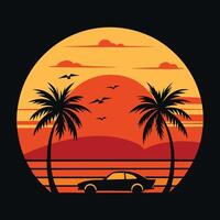 retro car on the beach with palm trees and sunset vector
