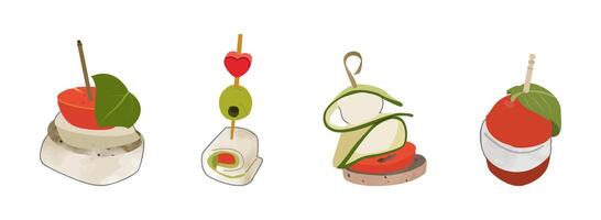 A set of mouth-watering skewer sticks and canapes illustrations, suitable for use on restaurant menus, catering posters, culinary blog designs, and even party invitations. vector