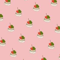 A set of appetizing skewer sticks and canapes pattern illustrations, pink background. Ideal for food packaging, fabric, stationery, greeting cards, and party decorations. vector