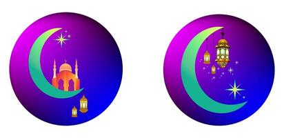 Set of Ramadan and Eid al-Fitr illustrations, with modern gradient mesh technique. Design needs, including greeting cards, posters, digital banners, social media, invitations, or religious events vector