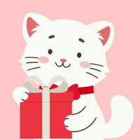 White cute cat with red gift box with white bow vector