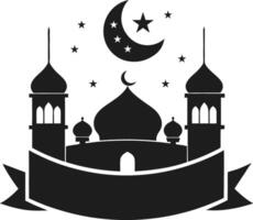 Islamic Mosque Silhouette with Crescent Moon and Stars - Ramadan vector