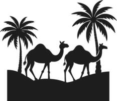Silhouette of Camels and Palm Trees in Desert Landscape vector