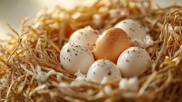 One brown egg surrounded by white eggs is nesting in straw photo