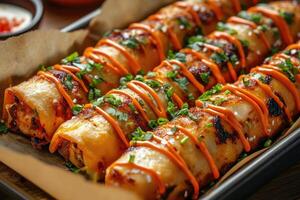 Delicious quesadillas with cilantro and spicy mayo drizzled on top, resting on baking paper photo
