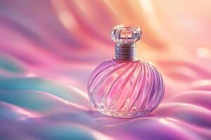 Perfume bottle sitting on luxurious silk fabric in warm light photo