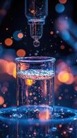 Transparent liquid dripping into test tube creating bubbles in chemistry lab experiment photo