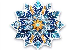 Blue and yellow snowflake shining on white background photo