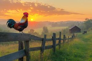 Rooster crowing at sunrise on a farm photo