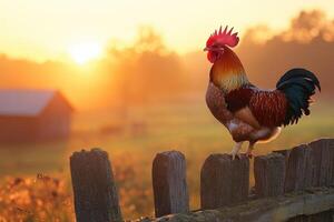 Rooster is crowing on fence at sunrise in farm photo