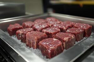 Fresh red meat cubes resting on ice in metal tray photo