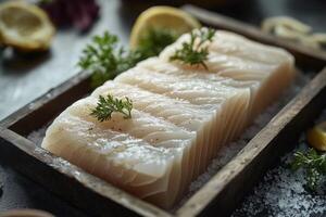 Fresh cod fillet seasoned with salt, pepper and parsley in wooden box photo