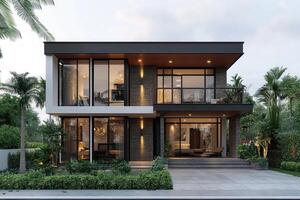 Modern house exterior design featuring large windows and tropical landscaping at dusk photo