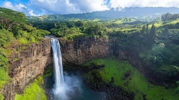 Wailua falls cascading down a cliff into a pond in kauai, hawaii photo