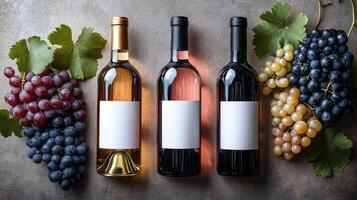 Wine bottles with blank labels displayed with fresh grapes photo