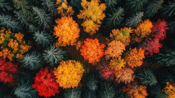 Vibrant colorful autumn forest canopy creating stunning abstract pattern photo