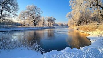 Winter river landscape reflecting frosted trees in the clear water photo