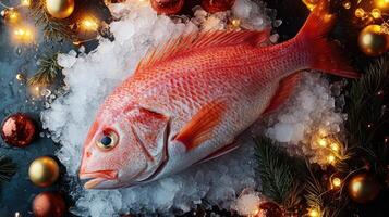 Fresh red snapper on ice with christmas decorations for festive season photo